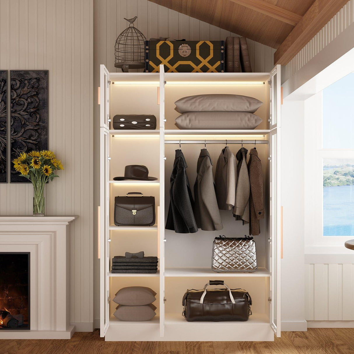 Hitow Wardrobe Cabinet with LED Light Strips, Armoire Closet with Glass Doors, Wooden Large Wardrobe with 5 Tiers Shelf & Hanging Rod, Modern Bedroom Armoire Clothes Organizer, White 47.2" W Hitow