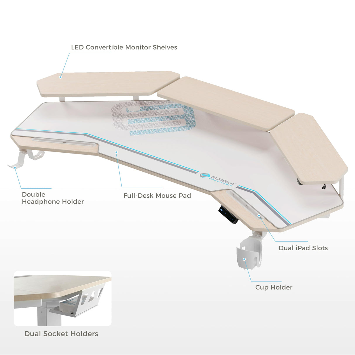 EUREKA ERGONOMIC Standing Desk,63" Electric Adjustable Height Computer Desk,Wing Shaped Music Studio Desk, LED Monitor Stands, Dual Motor&Slot, Maple EUREKA ERGONOMIC
