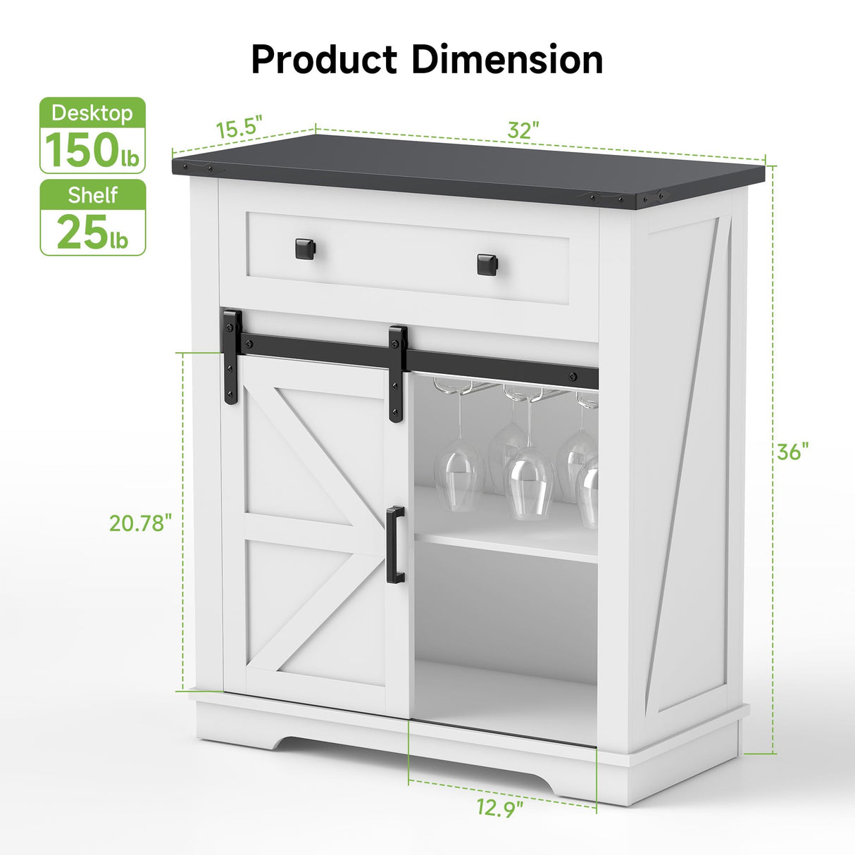 Real Relax Coffee Bar Cabinet, Farmhouse Sideboard Buffet Cabinets with Storage, Wine Glass Rack, Sliding Barn Door, Buffet Table for Kitchen, Dining Room, Entryway, White Real Relax