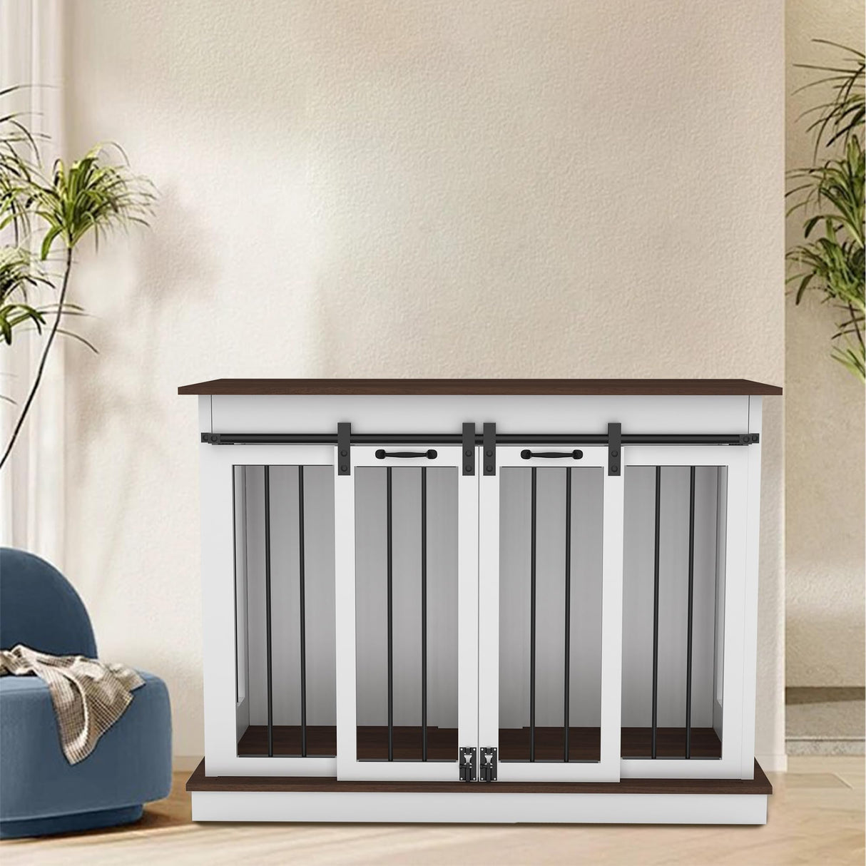 BTDWI Dog Crate Indoor Furniture, 47.2'' Dog Kennel with 2 Sliding Doors, Heavy Duty Wooden Dog Cage for Large Medium Small Dogs, White BTDWI