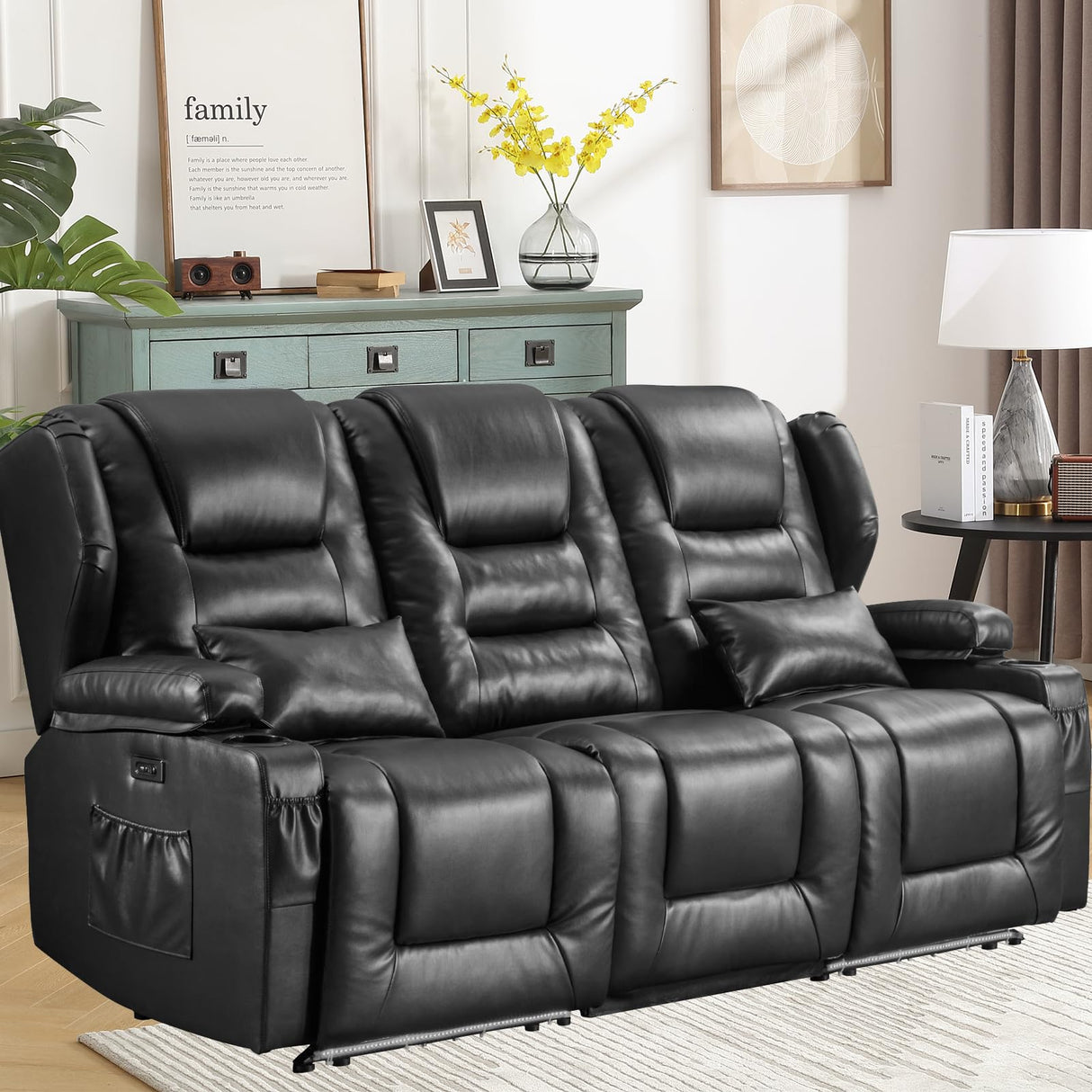 SAMERY Power Loveseat Recliner Sofa with Flip Backrest, Electric Reclining Loveseat Sofa RV Couch 3 Seater with USB Ports/Power Outlets/LED Light/Cup Holders/Pockets/Pillows for Living Room RV SAMERY