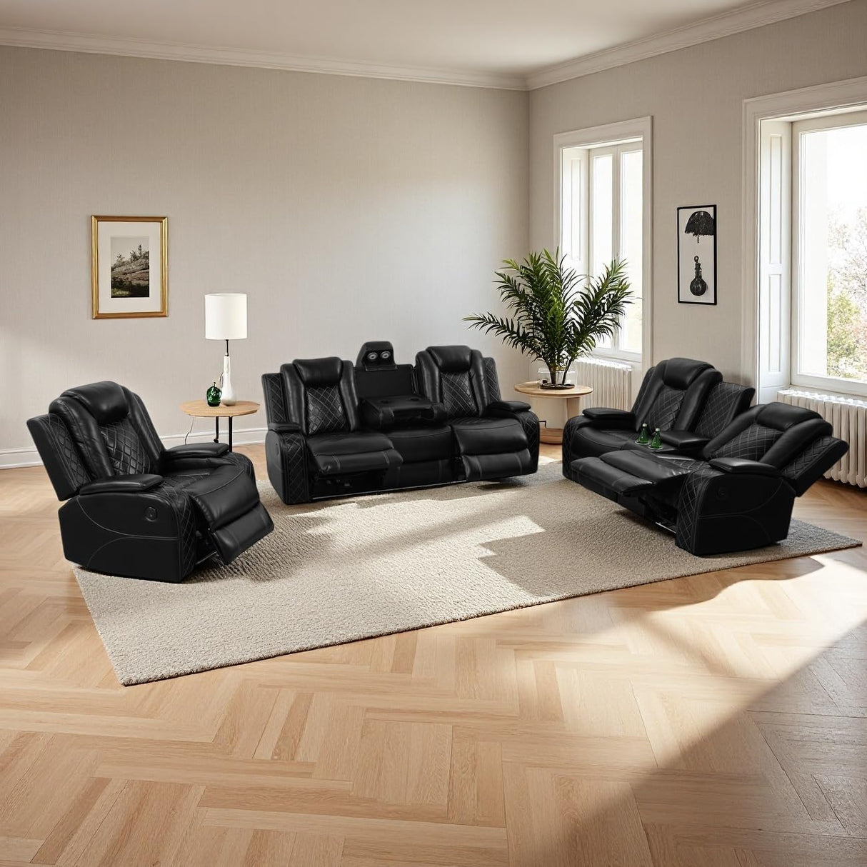 Anthato Black Leather Power Recliner Set with LED Lights, 3-Piece Recliner Sofa Loveseat Chair with Coffee Table/Storage/Charging Port, Modern Reclining Furniture for Living Room/Home Theater/Office Anthato