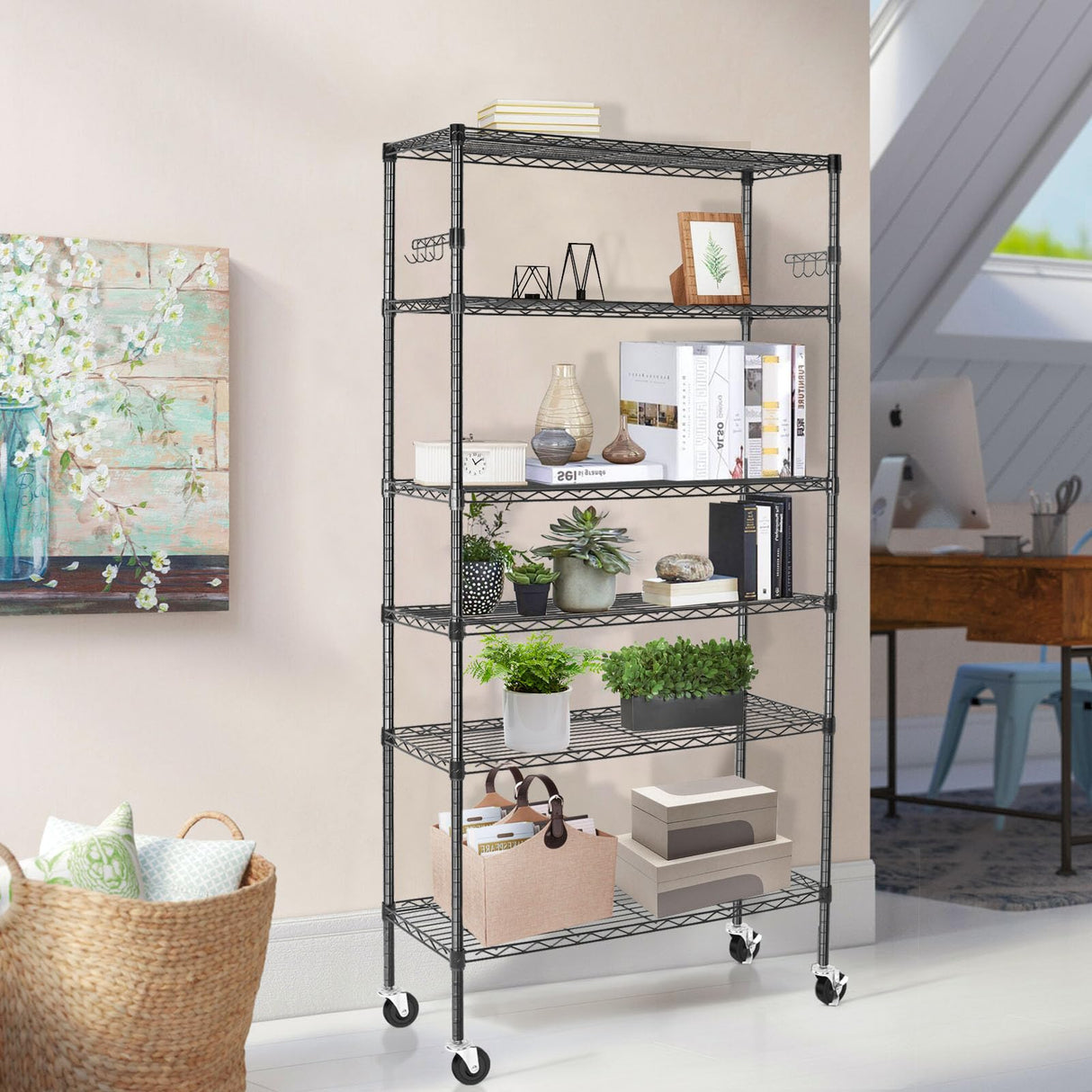 BolDuck 6 Tier Storage Shelves with Wheels, 2100lbs Capacity Heavy Duty Shelving Units, 14x36x75inch Adjustable Metal Shelf Wire Shelving Rack for Garage, Kitchen, Office, Black BolDuck