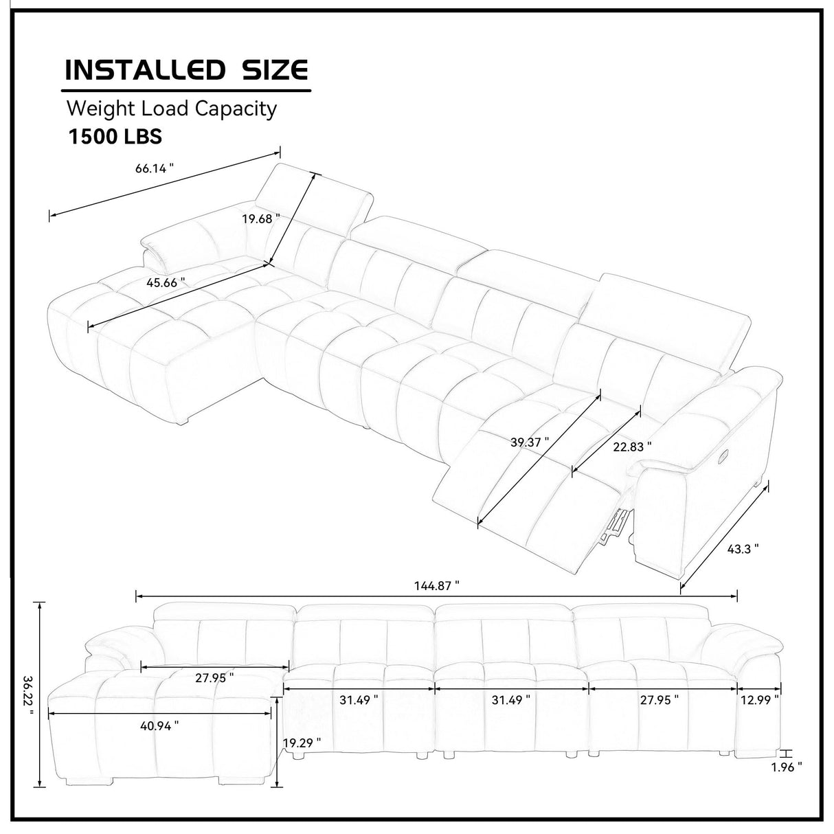 Luxury Power Reclining Motion Sectional Sofa Oversized Leather Upholstered Left Facing Recliner Sofa&Couch for Living Room, L-Shaped Power Recliner Couch W/USB Ports, Adjustable Headrest & Footrest ERYE