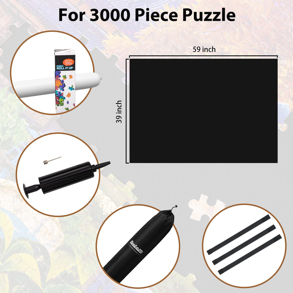 Becko US 3000 Piece Puzzle Mat Roll Up with Drawstring Bag & Black Pump, Jigsaw Felt Mat with Anti-Leak Tube & 3 Elastic Bands for Easy Storage, Portable Puzzle Keeper for 3000 2000 1500 1000 Pieces Becko US