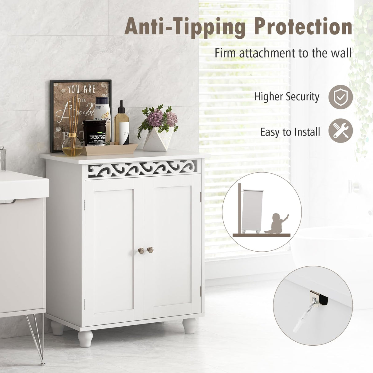 Tangkula Classic White Bathroom Storage Cabinet with Adjustable Shelf and Solid Wood Legs Tangkula