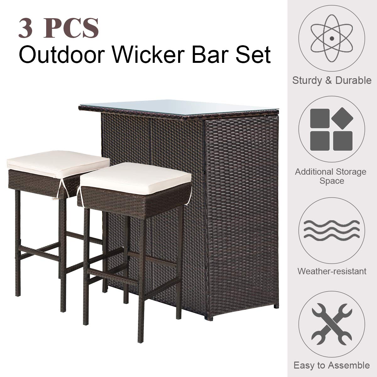 Tangkula Patio Bar Set, 3 Piece Outdoor Rattan Wicker Bar Set with 2 Cushions Stools & Glass Top Table, Outdoor Furniture Set for Patios Backyards Porches Gardens Poolside (Beige) Tangkula