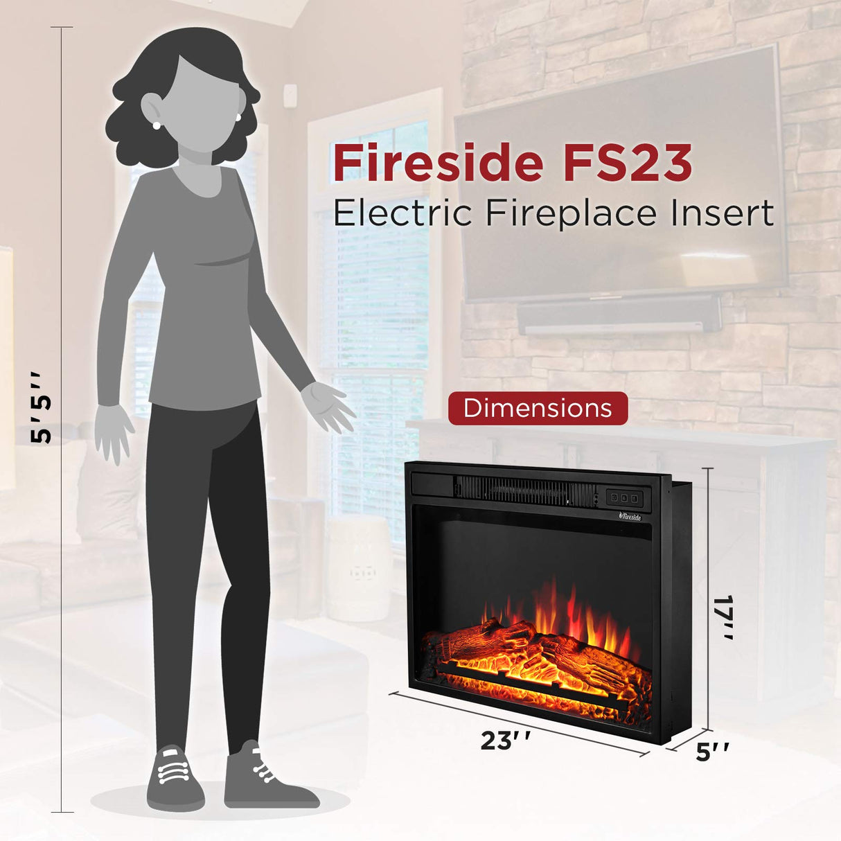 TURBRO Fireside FS23 Realistic Flames Electric Fireplace, Remote Control, 3 Adjustable Brightness Flames TURBRO