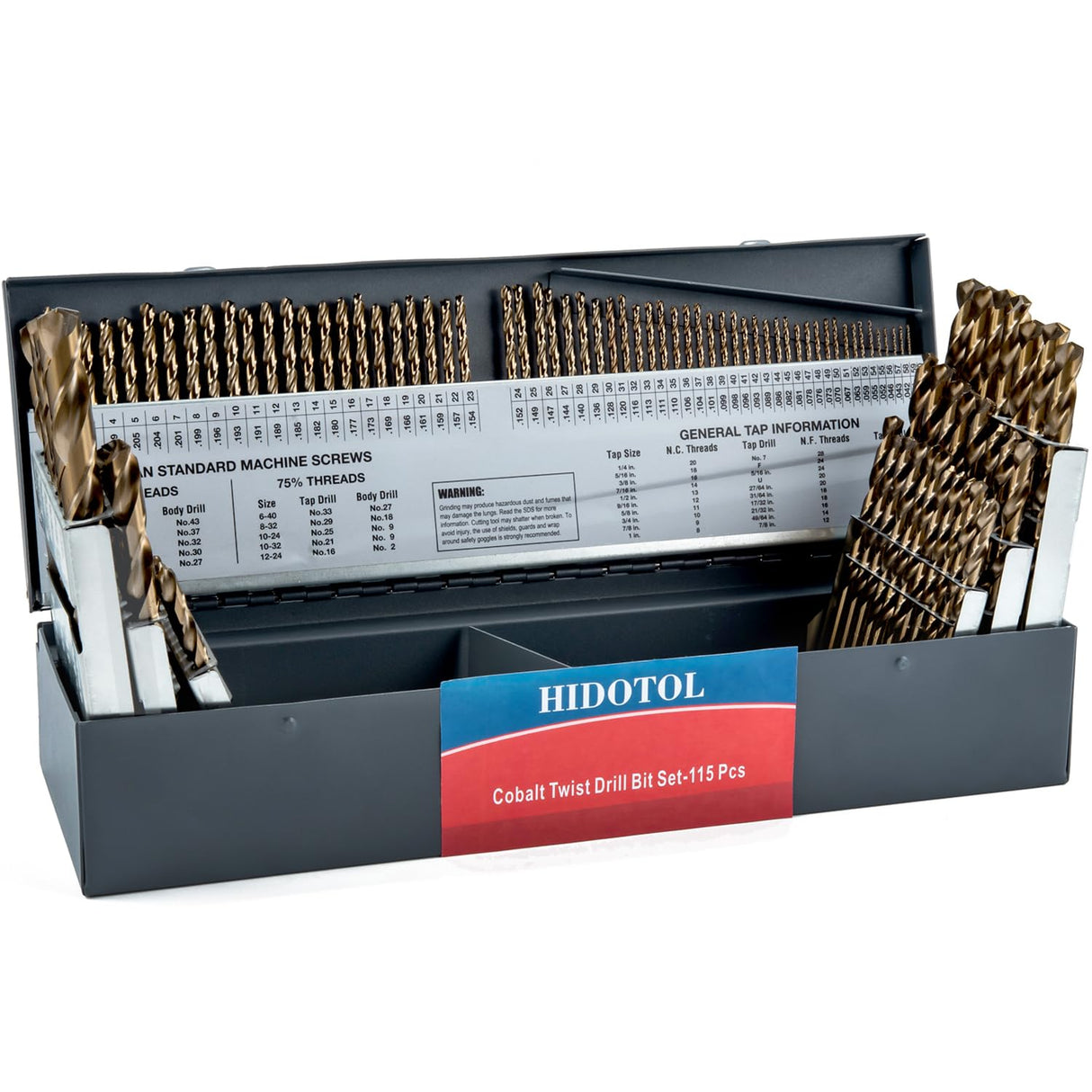 HIDOTOL 115PCS Cobalt Drill Bit Set M35 HSS for Hardened Steel Fractional 1/16"-1/2", Letter A - Z, Wire #1 - #60 with Indexed Metal Case HIDOTOL