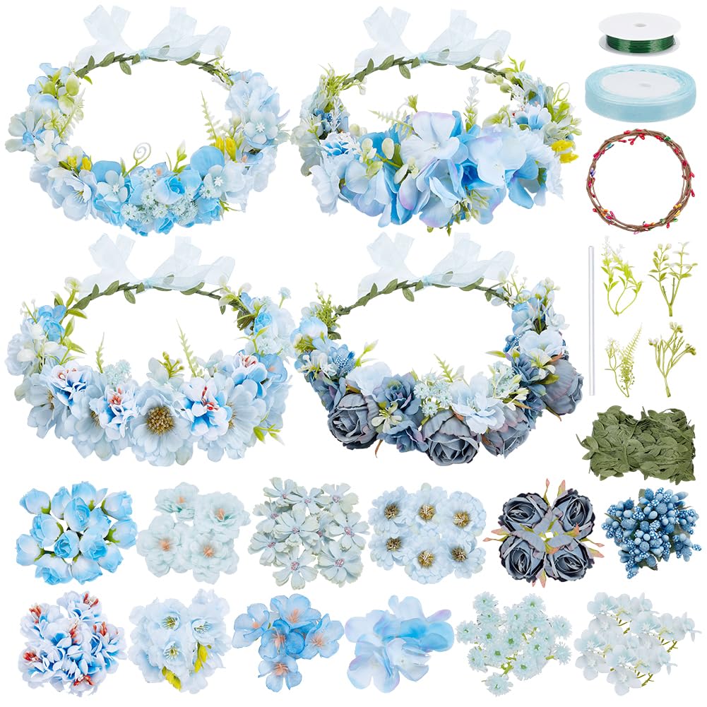 FREEBLOSS 4 Set Flower Crowns DIY Kit 67pcs Blue Flower Crown DIY Flower Crowns Headband Making Kit Handmade Floral Hair Accessories for Wedding Birthday Fairy Party Favors DIY Arts and Crafts FREEBLOSS