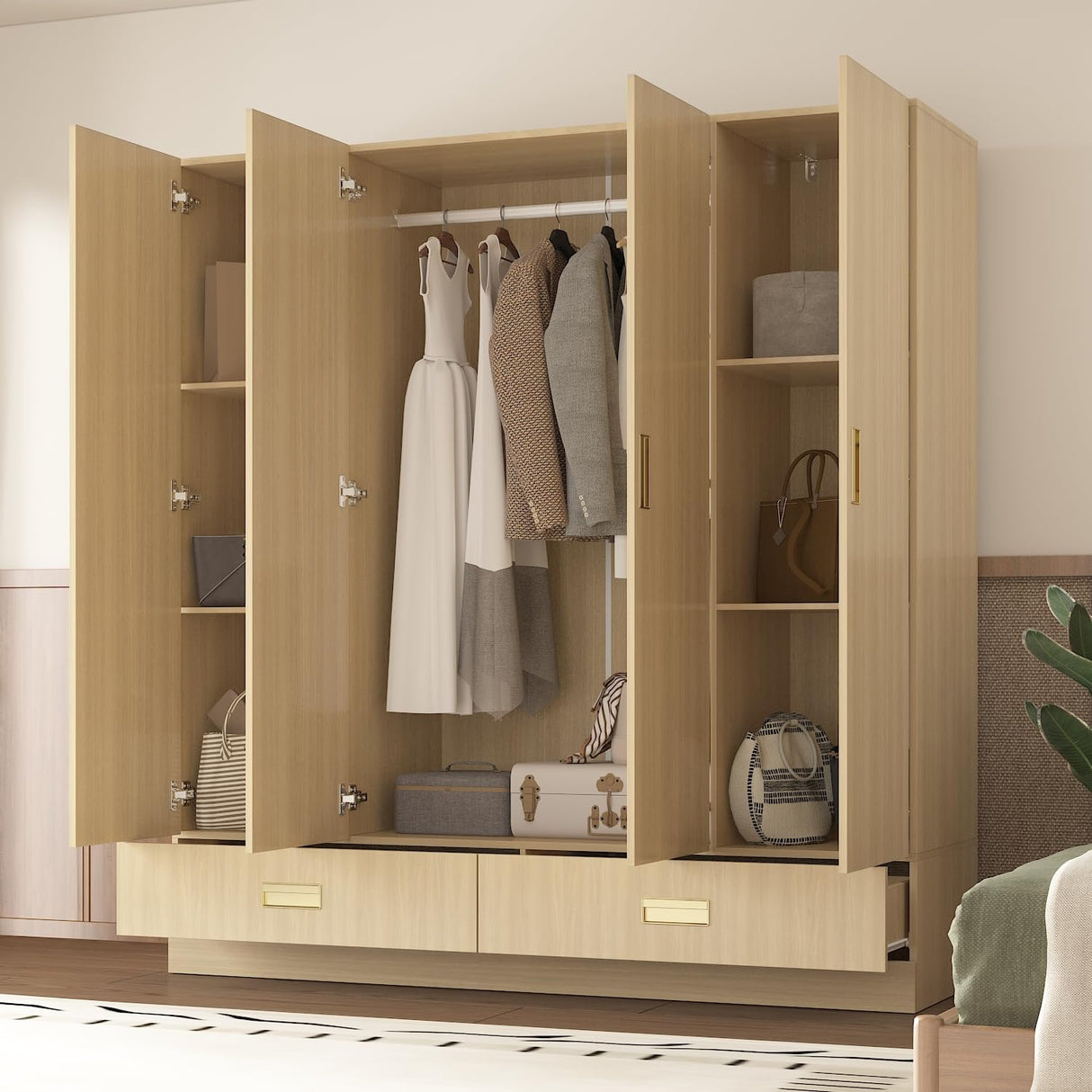 Homsee 66.9" H Modern Armoire Wardrobe Closet with 4 Doors and 2 Drawers, Clothing Storage Cabinet with 3-Tier Shelves and Hanging Rod for Bedroom, Light Brown Wood Grain Homsee