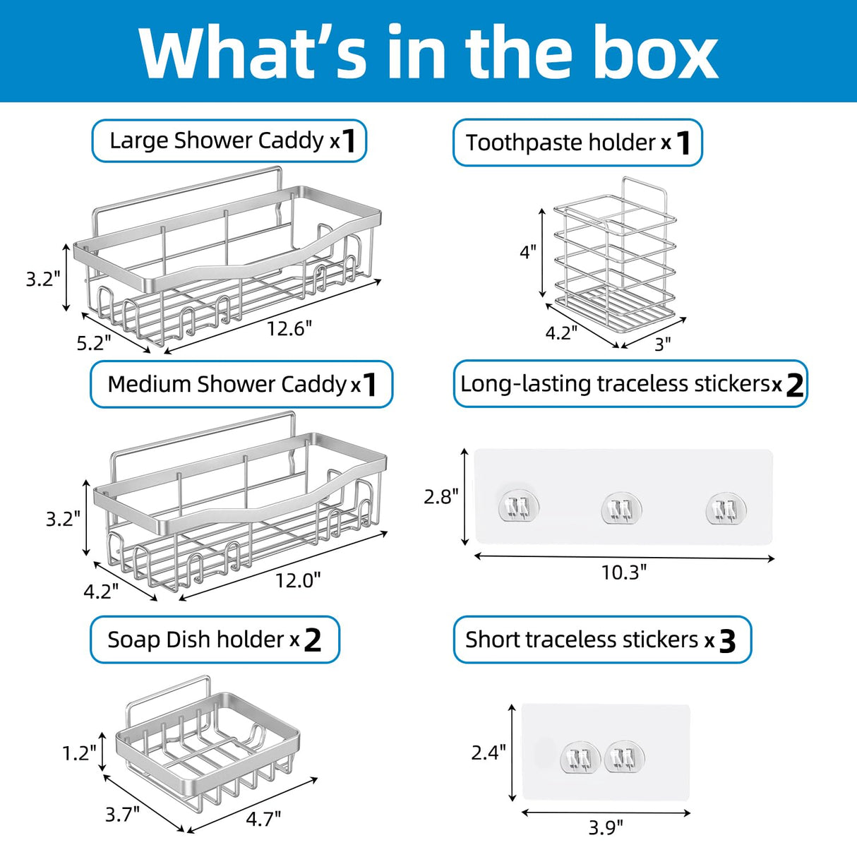 Youvip Adhesive Shower Caddy, No Drilling Bath Organizers 5 Pack, Rustproof Shelves with Soap Holder & Toothbrush Holder, Bathroom Organizers and Storage, Silver Youvip