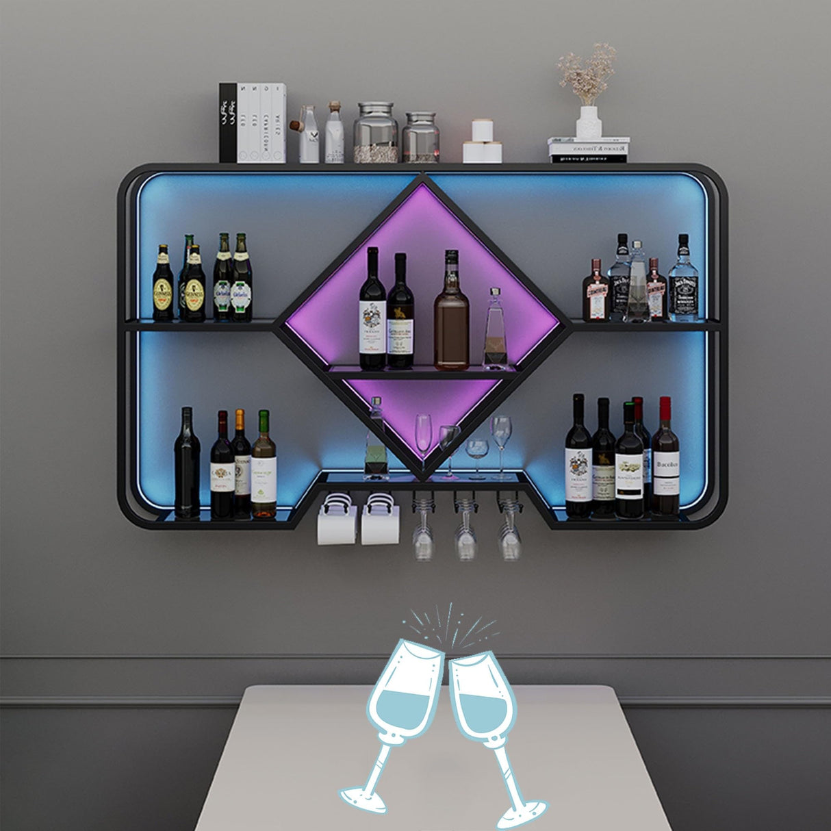 JOSIAHCQ Wine Rack Floating Bar Shelves Wall Mounted with Hanging Wine Glass Holder Liquor Cabinet Bottle Display Shelf Kitchen Shelf with Light Strip for Home Bar JOSIAHCQ