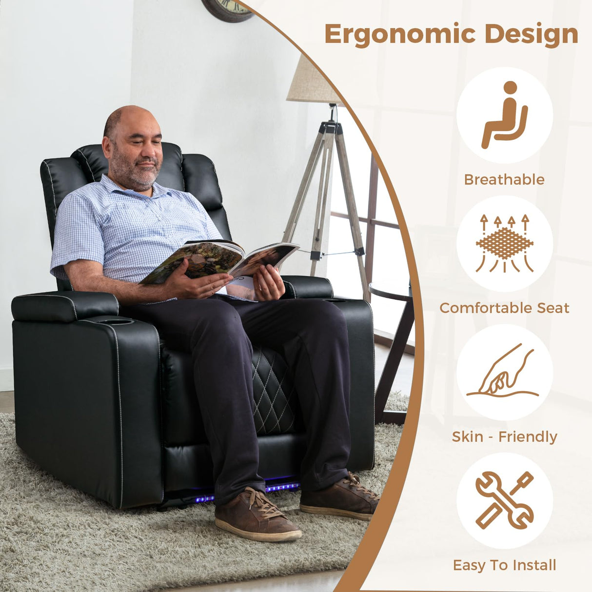 Power Home Theater Seating, Electric Recliner Sofa with LED Light, 23" Spacious Seat, Overstuffed Backrest, USB Ports and 2 Cup Holders, Faux Leather Recliner Chair for Movie Room, Black Bonzy Home