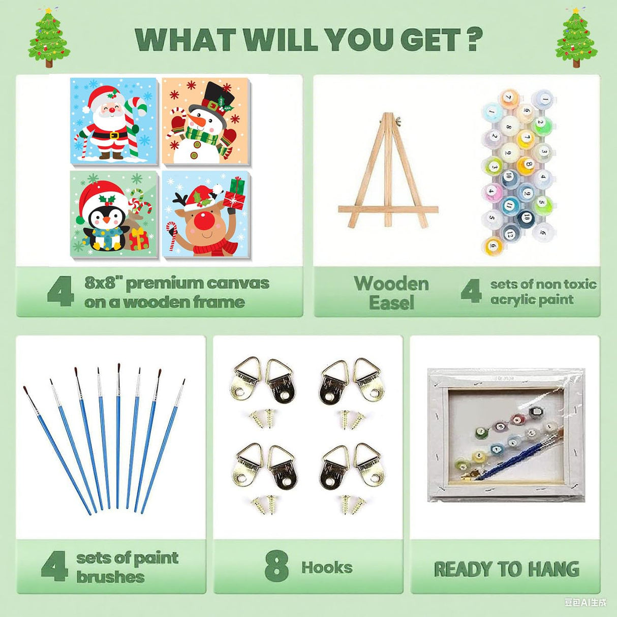 cviokrdu 4 Pack Paint by Numbers Kit for Kids with Frame-Wooden Easel, Christmas Paint by Numbers for Kids Ages 4 8 12, Easy Christmas Acrylic Oil Painting Kits for Home Wall Decoration 8x8 inch cviokrdu