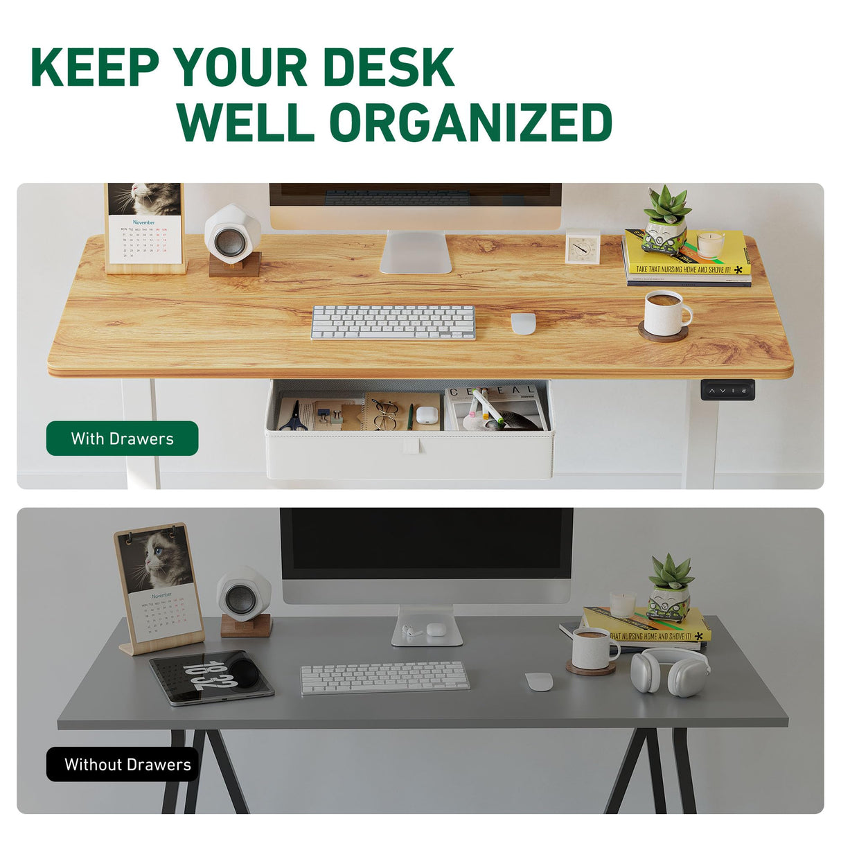 FEZIBO 63 x 24 Inches Standing Desk with Drawer, Adjustable Height Electric Stand up Desk with Storage, Sit Stand Home Office Desk, Ergonomic Computer Desk, Light Rustic FEZIBO