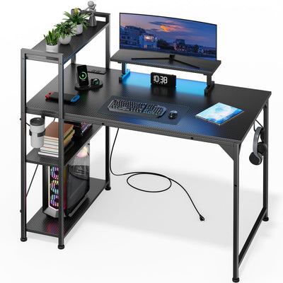 DOMICON Computer Desk with LED Light, 42-55 Inch Gaming Desk with Reversible Storage Shelves, Office Desk with Power Outlets Corner Desk for Home Office, Small Space Black Carbon Fiber (47)