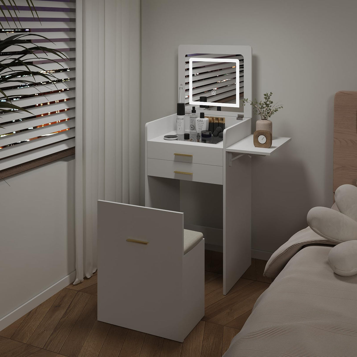 ARTETHYS Small Vanity Desk Set with Flip-top Mirror and Lights White Integrated Makeup Table for Small Space Compact Mini Dressing Table with Fold-up Panel and Storage Chair for Bedroom ARTETHYS