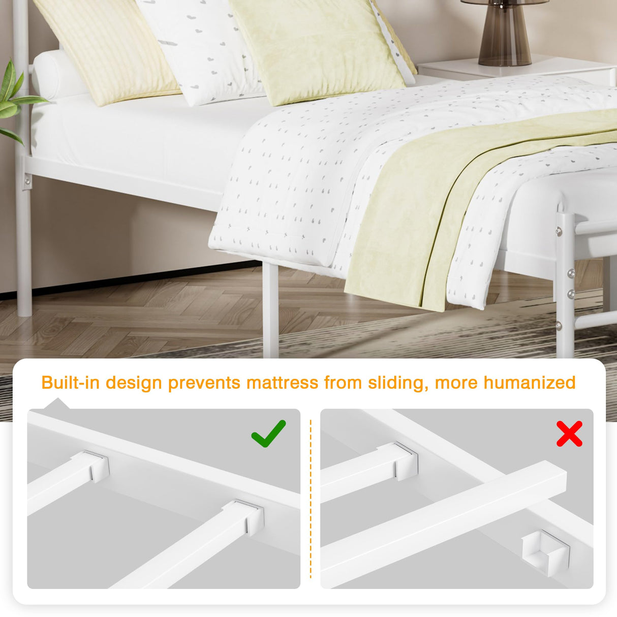 VECELO 14 inch Queen Bed Frame White Beds Metal Platform Mattress Foundation with headboard Footboard Steel Slat Support/No Box Spring Needed/Easy Assembly VECELO