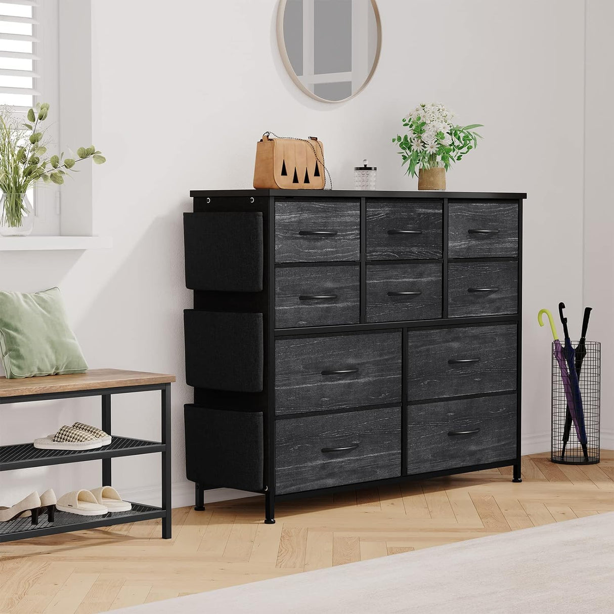 Jojoka Dresser for Bedroom with 10 Drawers, Dressers & Chest of Drawers, Fabric Storage Drawer with Side Pockets for Kids Room, Closet, Hallway, Entryway, Living Room (Black) Jojoka