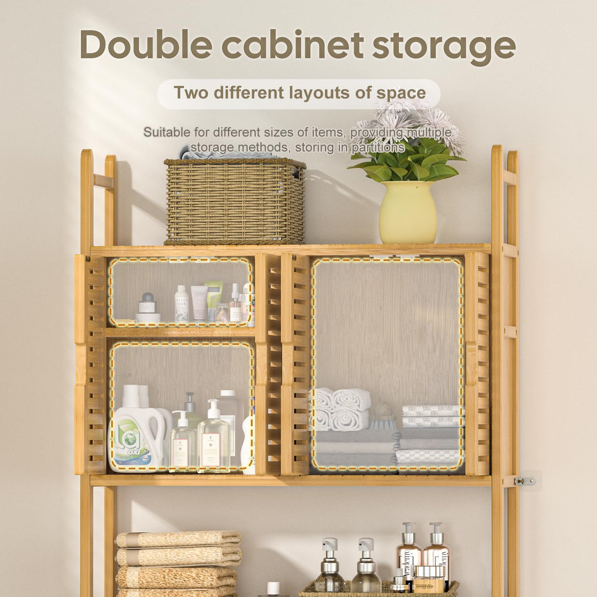 Cozivolife Bamboo Over-The-Toilet Storage Cabinet with Toilet Paper Holder and Four Doors Cozivolife