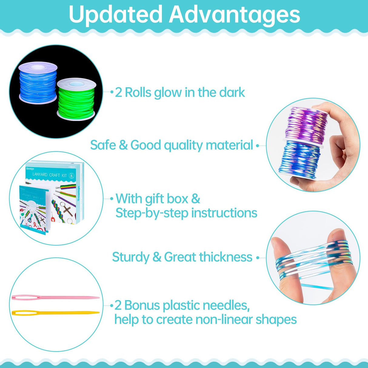 Tresotoyo Lanyard String, 20 Rolls Gimp String, Plastic String Lacing Cord, Boondoggle String Kit 1200 Feet and 52Pcs Keychain Lanyards Accessories for Keychain Crafts, Bracelet with Instruction Box Tresotoyo