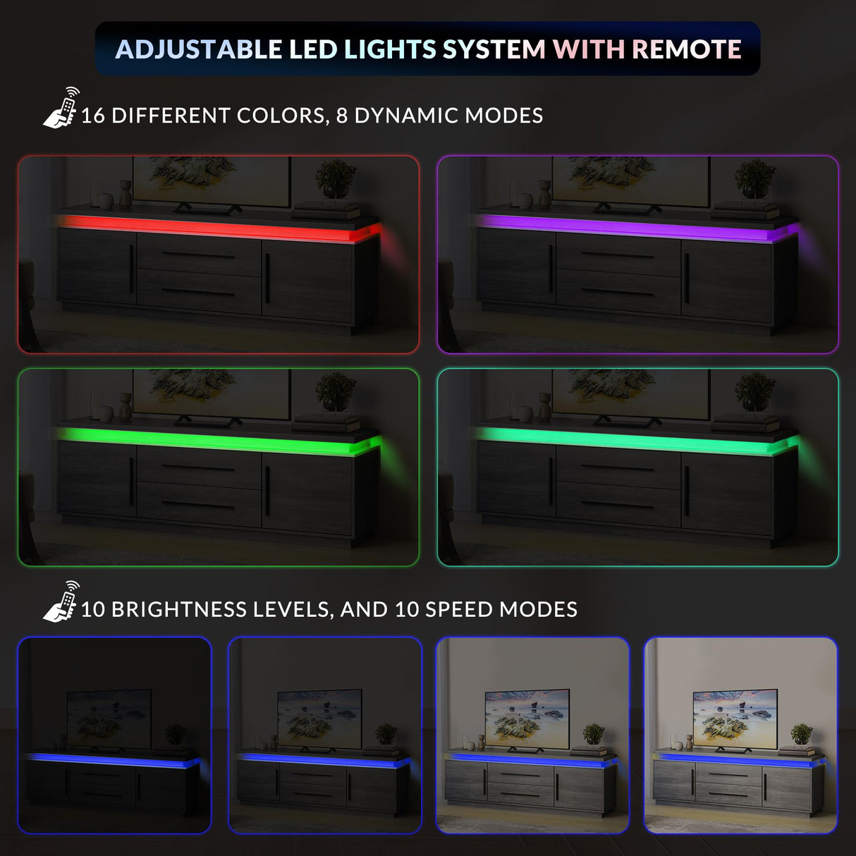 BELLEZE 67" TV Stand for TV up to 75", Modern Entertainment Center with LED Lights Change to Melody of Music, Media Console Table with Cabinets and Drawers for Living Room, Bedroom - Studio (Grey) BELLEZE