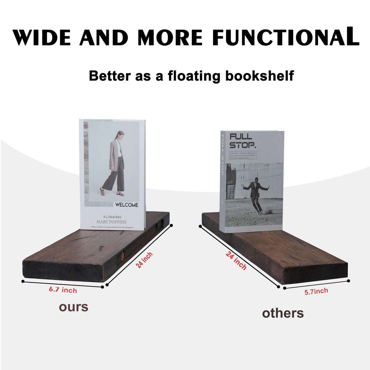 BGMG Floating Shelves 24 inch Long, Distressed,Wide Rustic Wooden Wall Shelves for Bathroom Living Room Bedroom Kitchen Farmhouse Set of 2-24x6.7x1.25 inch-Distressed Walnut BGMG