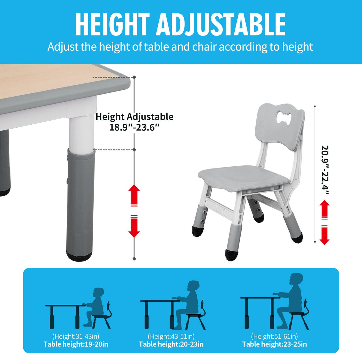 UNICOO Kids Table and Chairs Set, Height Adjustable Toddler Study Table and Chairs, Arts & Crafts Table, Suitable for Ages 2-10, Childrens Activity Table, Preschool Furniture (BY-60-MGY) UNICOO