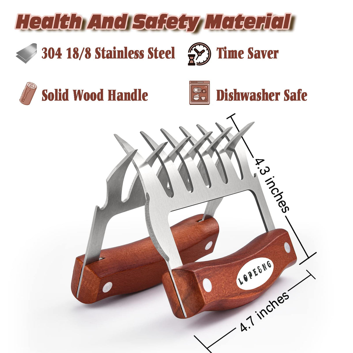 LOPE & NG Meat Handler Shredder Claws Set Of 2 - Wood Stainless Steel BBQ Pulled Pork Paws For Shredding Handing Carving Food LOPE & NG