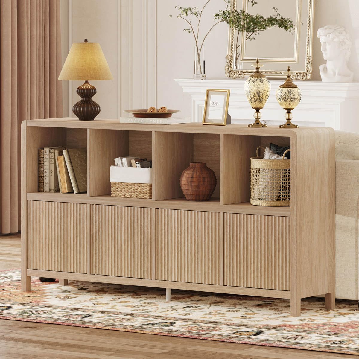 FATORRI 8 Cube Bookshelf with 4 Doors, Modern Mid Century Wood Book Shelf with Storage, Low Horizontal Cubby Bookcase for Home Office (Light Walnut) FATORRI