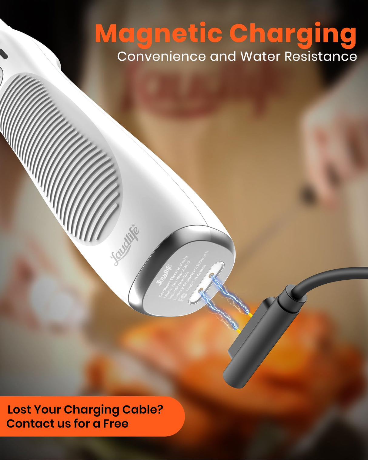 LAUDLIFE Electric Knife, Cordless Cutting Knife, Ergonomic Design with Comfortable Contoured Grip Rechargeable Easy-Slice Electric Carving Blade for Meat Slicing, Bread, Fillet, Turkey, White LAUDLIFE