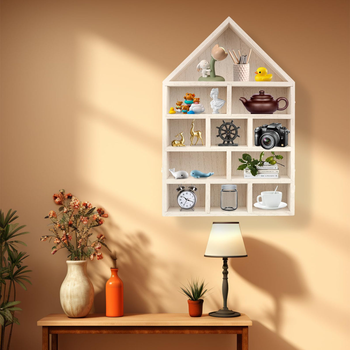 COM4SPORT Wooden Shadow Cubby Box Hanging Figurine Display Shelf White Curio Cabinet Organizer Wall Mounted Display Case Trinket Shelf Miniature Display Shelf for Collectibles (15.7 * 11.8 * 2.75in) COM4SPORT