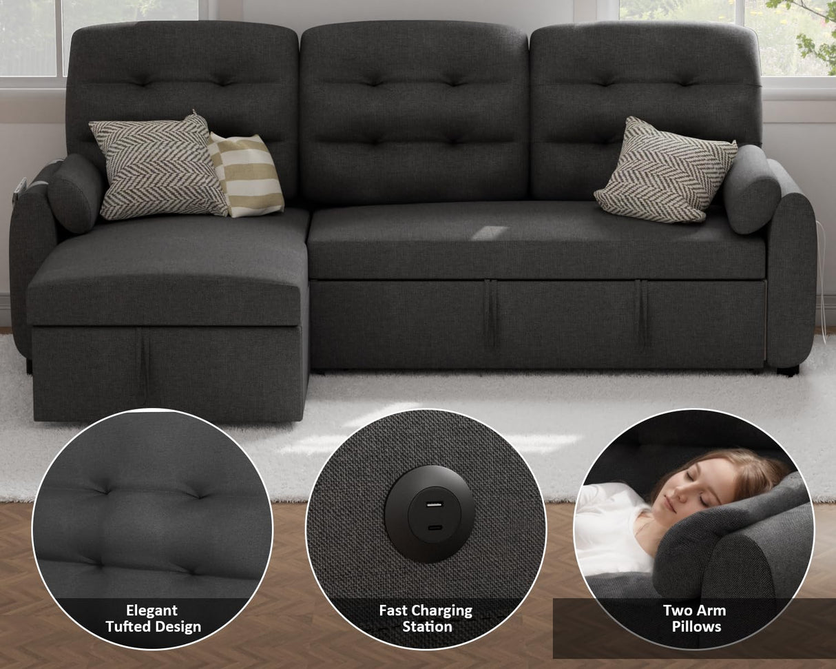Ucloveria Sectional Sofa Couch, 87" Sleeper Sofa Bed with Reversible Storage Chaise Pull Out Couch for Living Room | Side Pocket | Charging Station | Removable Backrest | Linen Fabric, Dark Grey Ucloveria