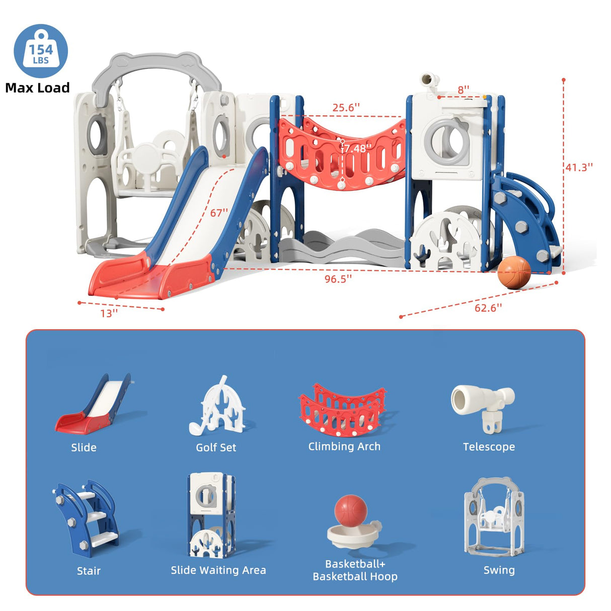 67i Toddler Indoor Playground Slide and Swing Set with Climbing Arch, Golf, Basketball - Outdoor Playset for Toddlers 1-3, Kids Activity Center (Red Blue, with Swing) 67i