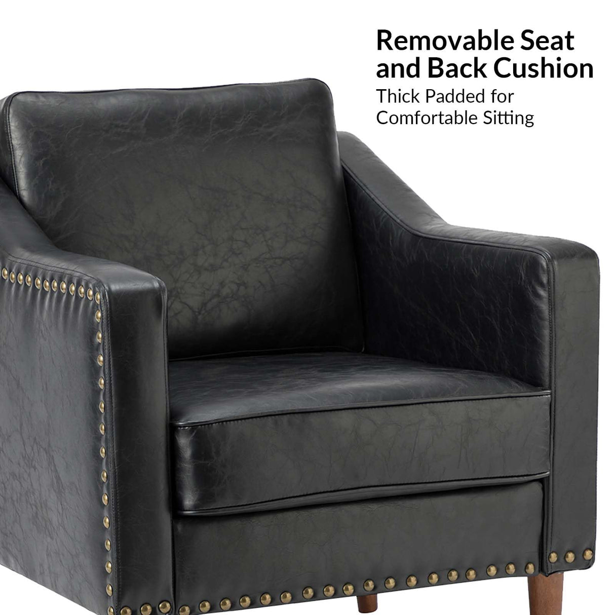HULALA HOME Faux Leather Accent Armchair with Back & Seat Cushions, Traditional Club Chair with Nailhead Trim, Comfy Upholstered Sofa Chair for Bedroom & Living Room, Black HULALA HOME