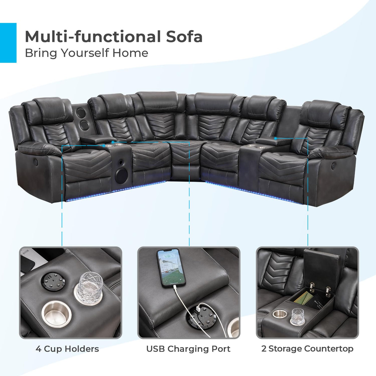 Comfort Stretch Power Recliner Sectional Sofa Couches with Bass Speakers for Living Room, Faux Leather Reclining Corner Sectionals Sofa Couch Sets with LED Light, Electric Theater Recliners Home,Grey Comfort Stretch
