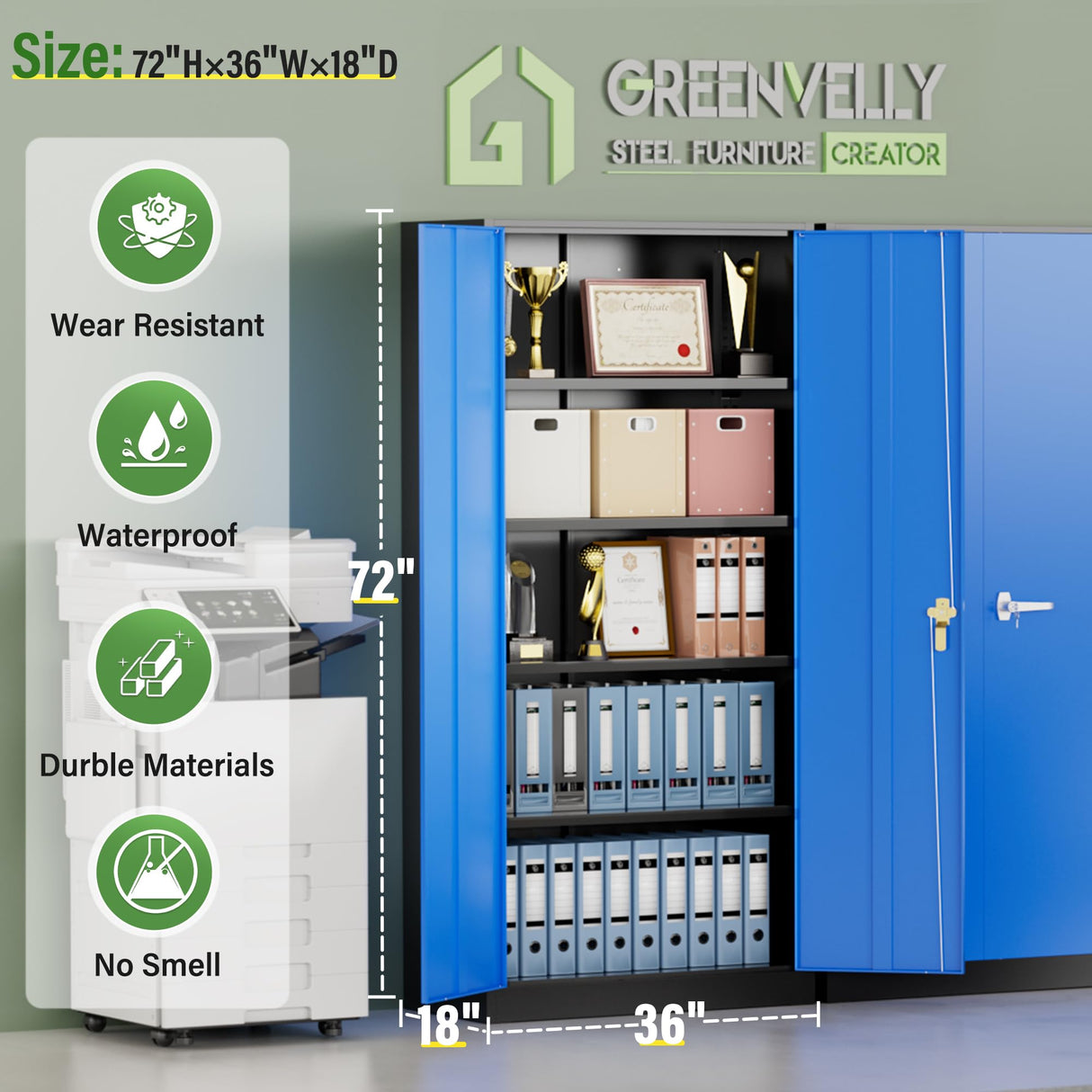 Greenvelly Metal Garage Storage Cabinet,72" Steel Locking Garage Storage Cabinet with Doors and Shelves,Metal Office Storage Cabinet for Home,School,Garage(Black Blue 36" W x18 D) Greenvelly