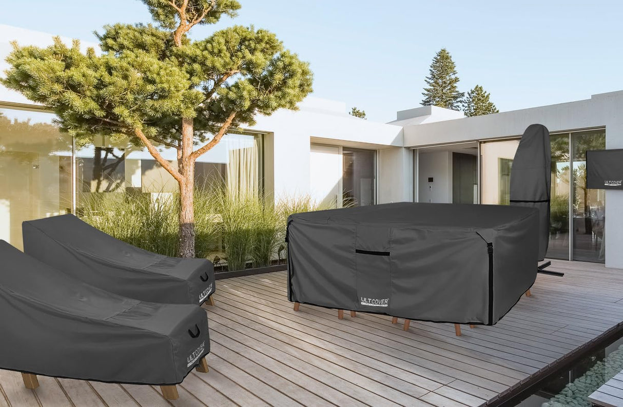 ULTCOVER 600D Tough Canvas Heavy Duty Rectangular Patio Table and Chair Cover - Waterproof Outdoor General Purpose Furniture Covers 111 x 74 inch, Black ULTCOVER