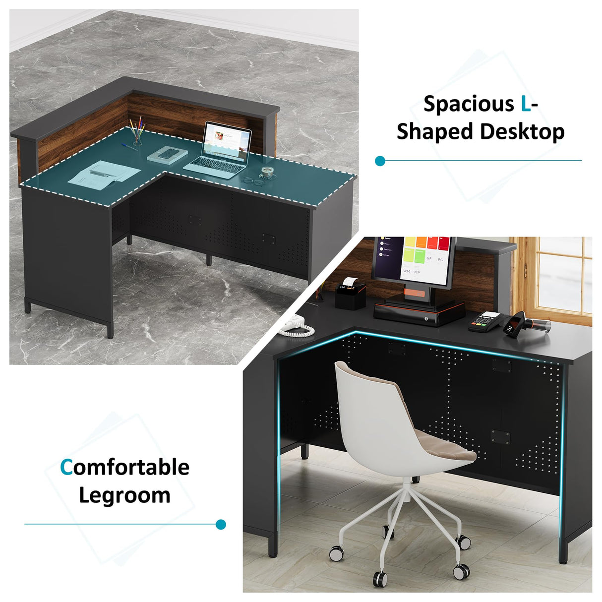 Condemo L-Shaped Reception Desk with LED Lights, 60 inch Modern Front Desk, Checkout Counter Table for Office, Lobby, Cafe, Beauty Salon, Black and Walnut Condemo