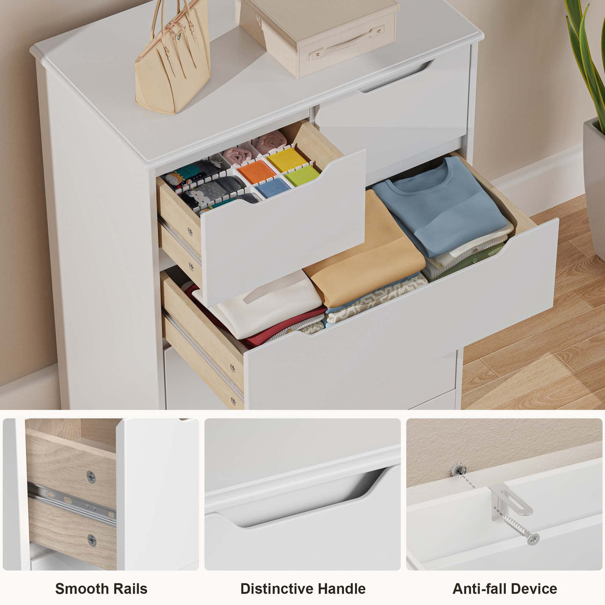 Gizoon 5 Drawers Chest, White Dresser for Dedroom with Embedded Handle, Sturdy Anti-Tripping Device, Chest of Drawers with Large Storage Capacity for Hallway, Office, Living Room Gizoon