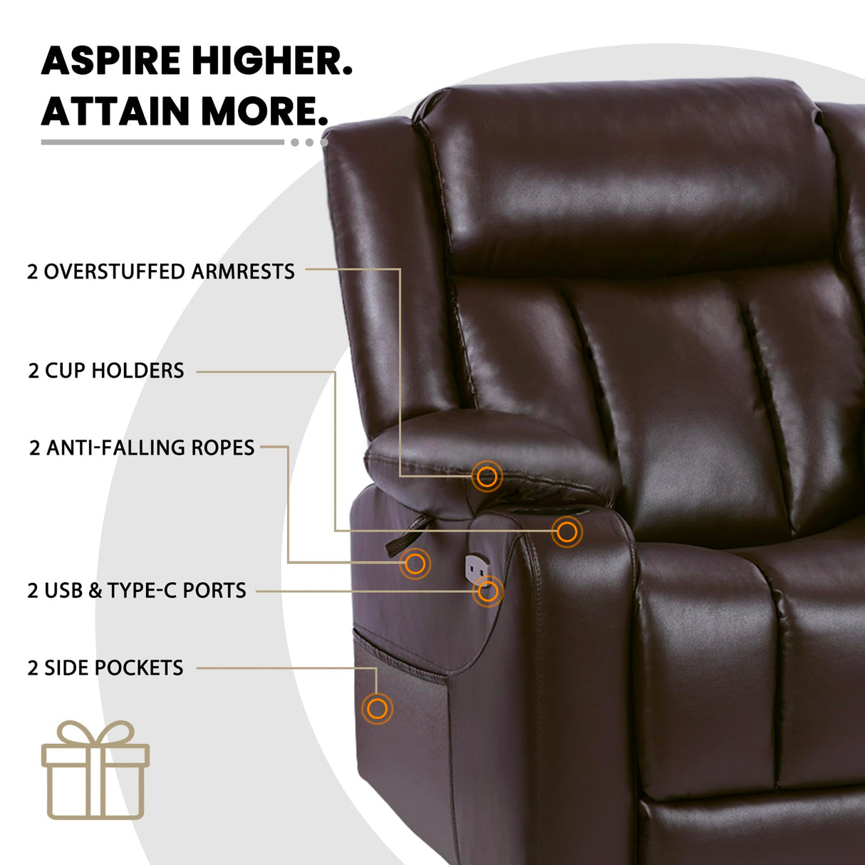 EONIX Dual Motor Oversized Power Lift Recliner Chair for Elderly, 400lbs Heavy Duty Leather Recliner with Massage and Heat, Big and Tall Lay Flat Lift Chair with Cup Holders, SLRY006063, Dark Brown EONIX