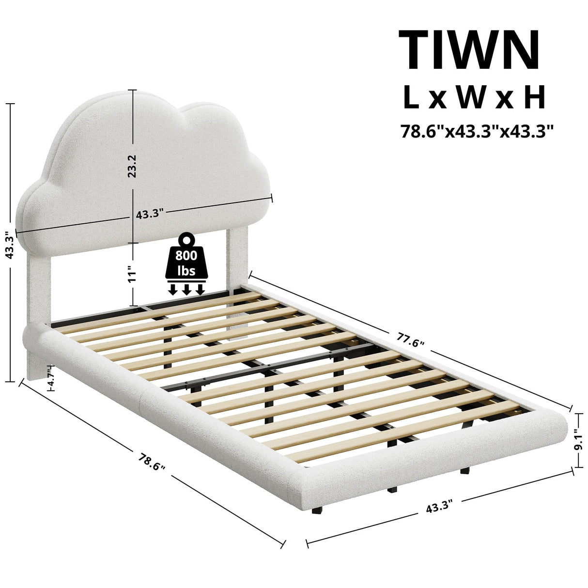 LIKIMIO Twin Bed Frames with Cloud Headboard, Upholstered Boucle Floating Platform Bed with LED Lights, Solid Wooden Slats Support, No Box Spring Needed, Easy Assembly, White LIKIMIO