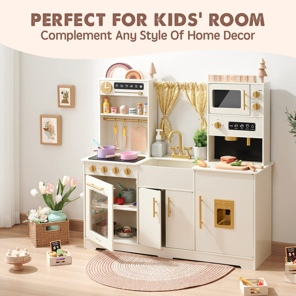 Tiny Land Play Kitchen for Kids, Toy Kitchen Set with Plenty of Play Features, New Modern Kids Wooden Play Kitchen Designed in Trendy Home Style with Curtains, Gift for Ages 3+ Tiny Land