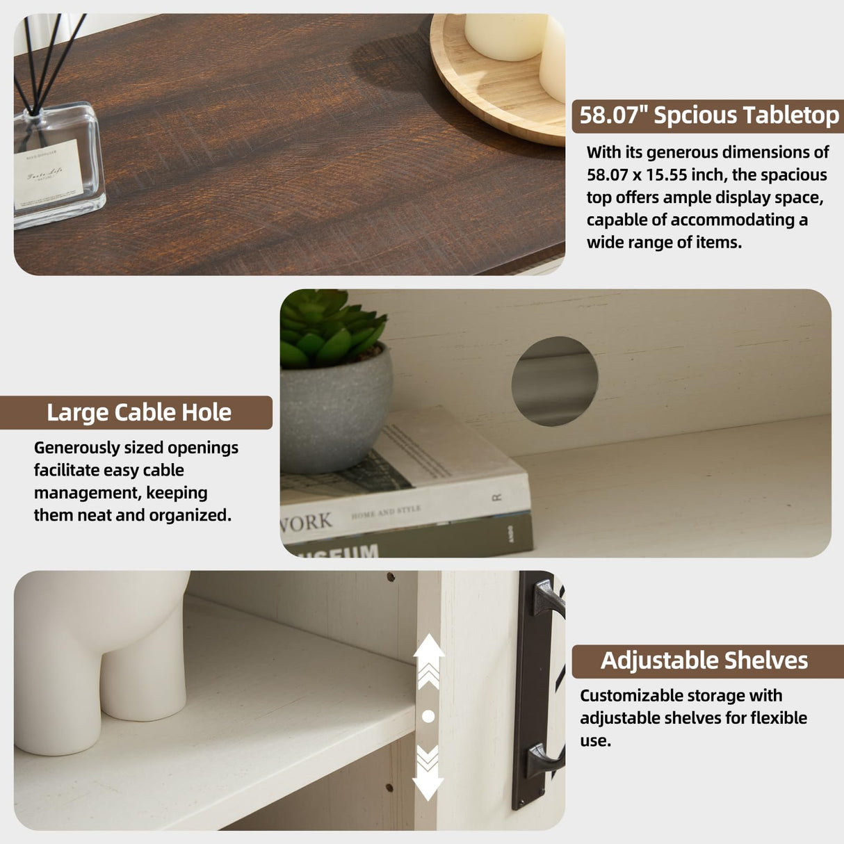 Minifeel Farmhouse TV Stand for 65+ Inch TV, 25" Tall Entertainment Center with Barn Door, Rustic TV Stands for Bedroom with Adjustable Shelf, Wooden TV Consoles for Living Room, Antique White Minifeel