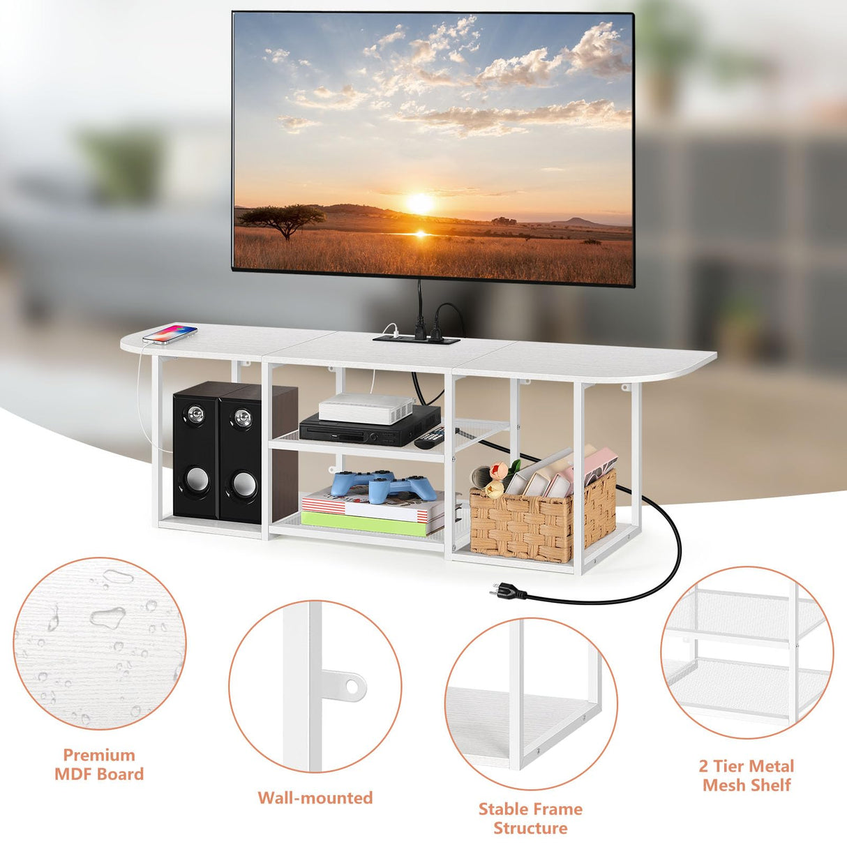 BTY Floating TV Stand with Power Outlet Wall Mounted Entertainment Center for Under TV Storage, White TV Console for 50 Inch TV, for Living Room, Bedroom BTY