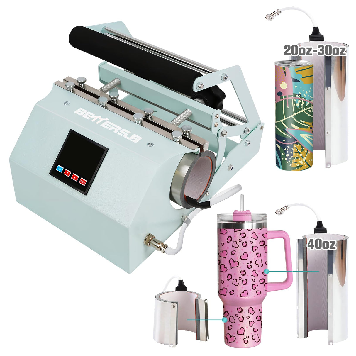 BetterSub 3in1 40 OZ Tumbler Mug Heat Press Machine 30 OZ 20 OZ 16 OZ Sublimation Straight Skinny Tumbler Mug,11 OZ 15 OZ 16 OZ Sublimation Mug Heat Transfer Teal BetterSub