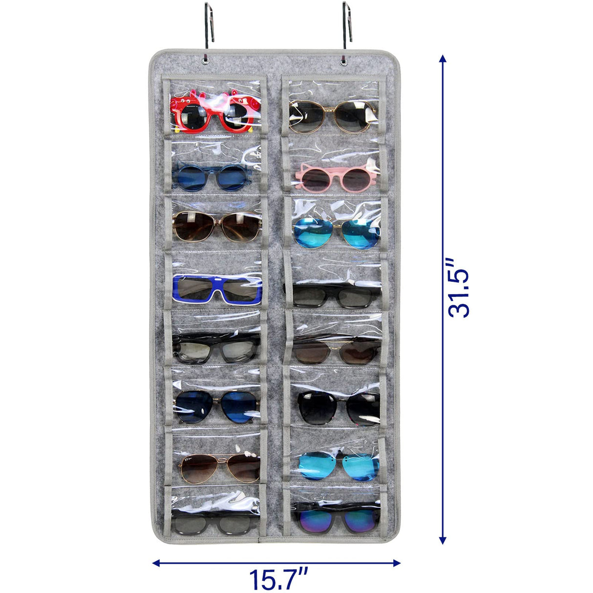 Casaphoria Sunglasses Organizer Storage, Hanging Dust Proof Wall Pocket Glasses Organizer - 16 Felt Slots Sunglass Organizer Holder with Metal Hook and Sturdy Rope, X-Large, Gray, Dust Proof Casaphoria
