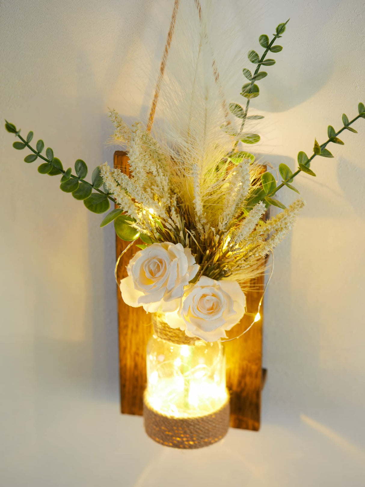 Anna's Whimsy 2PACK Mason Jar Sconce Wall Decor Rustic with Remote Control LED Fairy Lights - Artificial Flowers Spring Decorations for Home Bedroom Farmhouse(White Rose) Anna's Whimsy