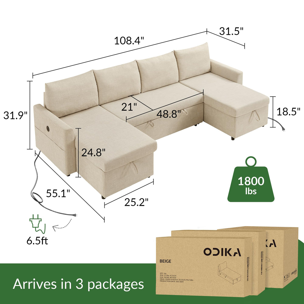 ODIKA U Shaped Convertible Sleeper Sofa Bed, Sectional Couch for Living Room - Dual USB-C Charging, Pull Out Bed, Reversible Chaise with Storage & Pockets, Removable & Washable Beige Linen Covers ODIKA